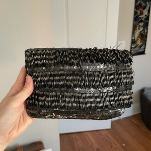 Roberta Freymann black & silver beaded sequin clutch bag